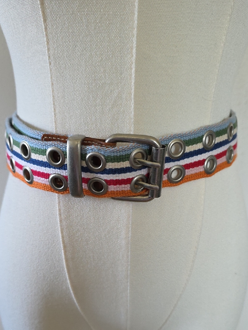 Retro Rainbow Cotton Webbing Belt Double Prong Buckle Unisex Womens XL 42" READ